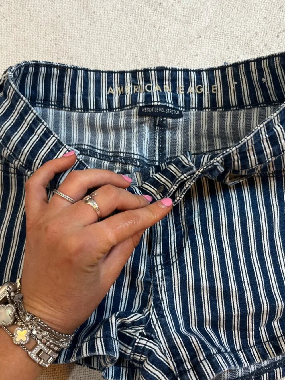 blue and white pinstripe american eagle high waisted denim cotton mini shorts